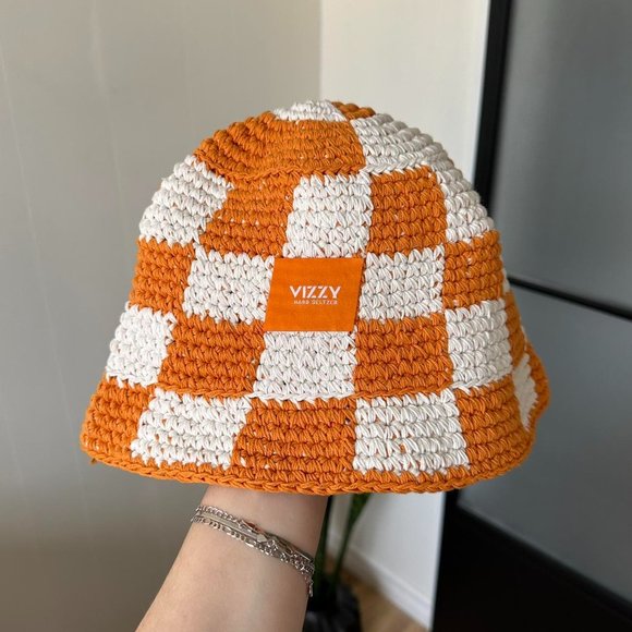 Accessories Y2k Creamsicle Checkered Crochet Bucket Hat Custom Vizzy